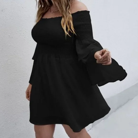 SHEIN Plus Bardot Shirred Layered Flounce Sleeve Dress - Picture 4 of 4